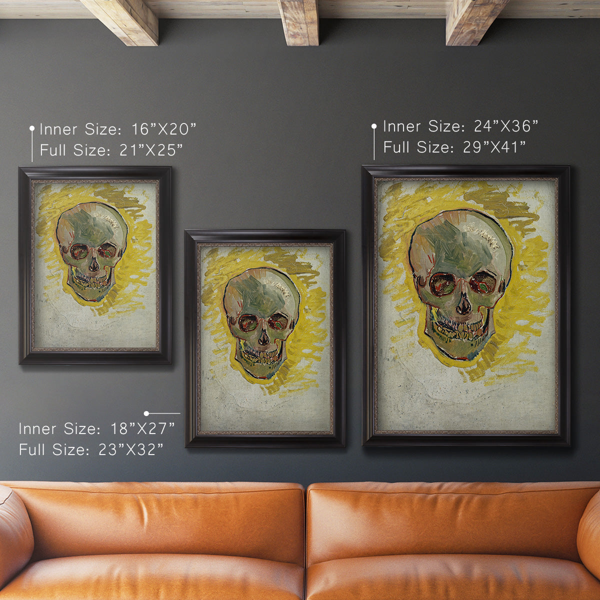 Expressive skull study painting by Vincent van Gogh in an ornate black frame with gilded inner detail shown in multiple vertical size options.