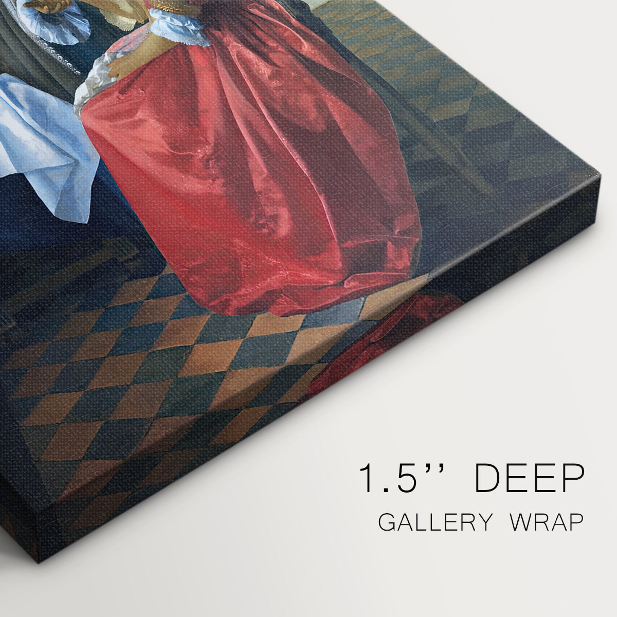 Close-up of a gallery-wrapped canvas corner showing a quiet room with balanced light and color, highlighting texture and print detail.