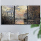 Three-panel canvas wall art featuring winter river sunset with reflections, displayed in a living room above a sofa.
