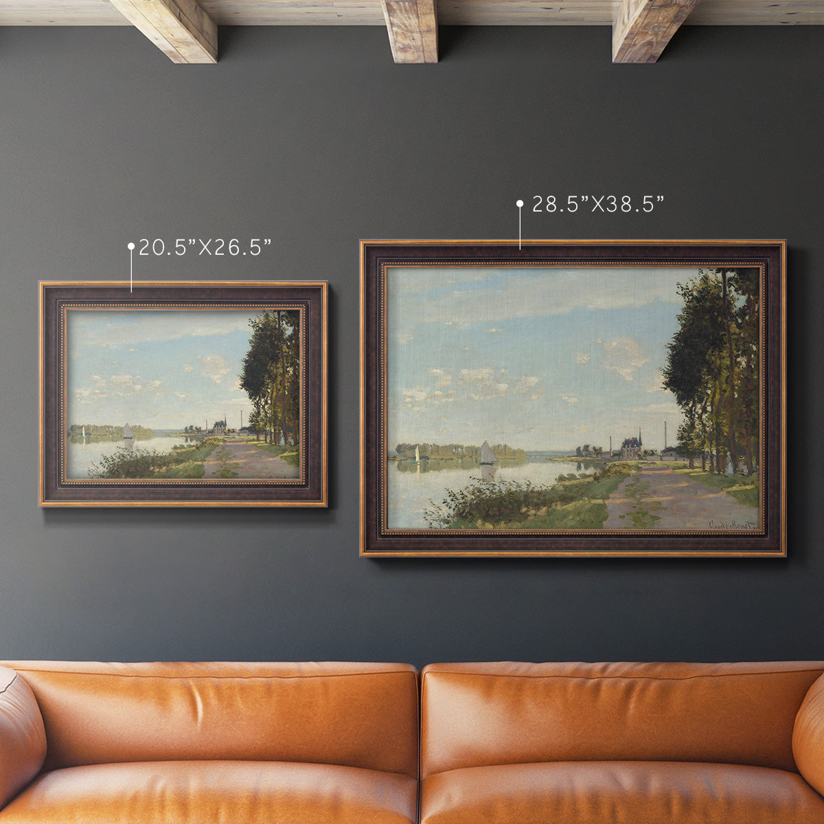 Impressionist river scene with red boats by Claude Monet in an ornate bronzed mahogany wood frame shown in multiple size options.