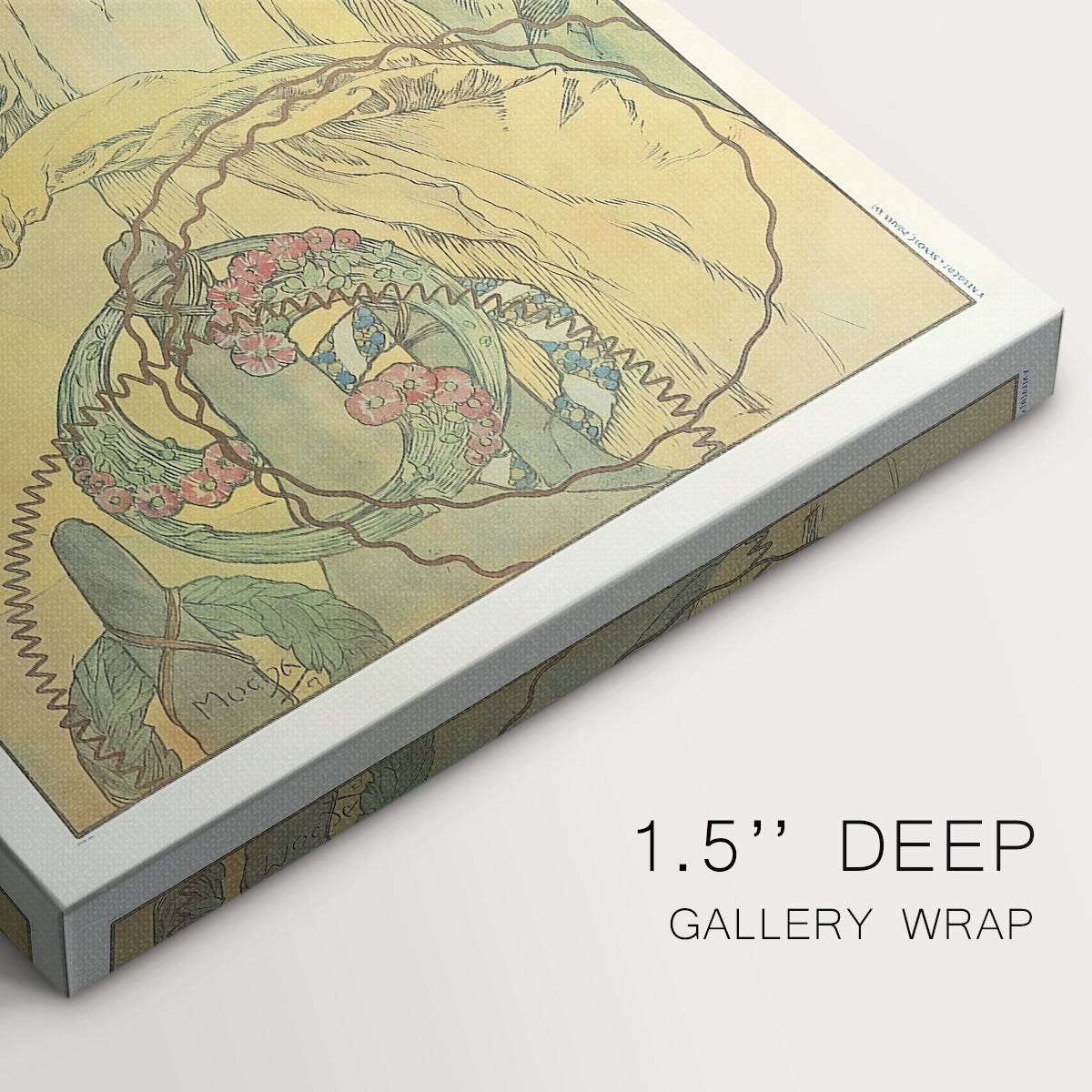 Close-up of a gallery-wrapped canvas corner showing a classic print combining portrait and early film branding, highlighting texture and print detail.