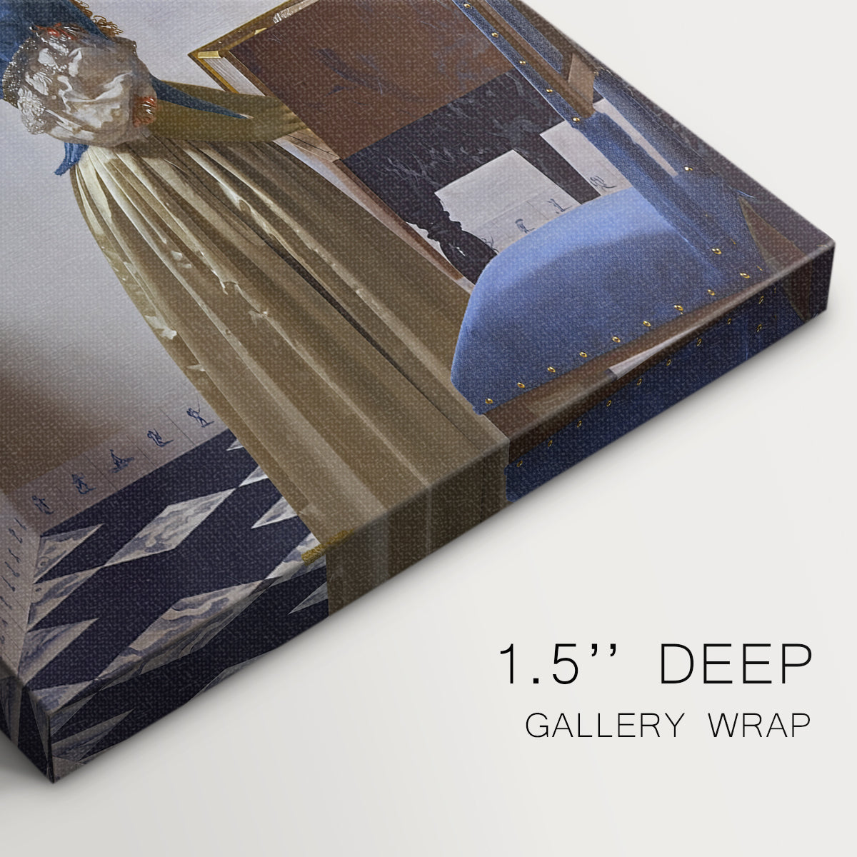 Close-up of a gallery-wrapped canvas corner showing a refined interior with subtle detail and calm presence, highlighting texture and print detail.