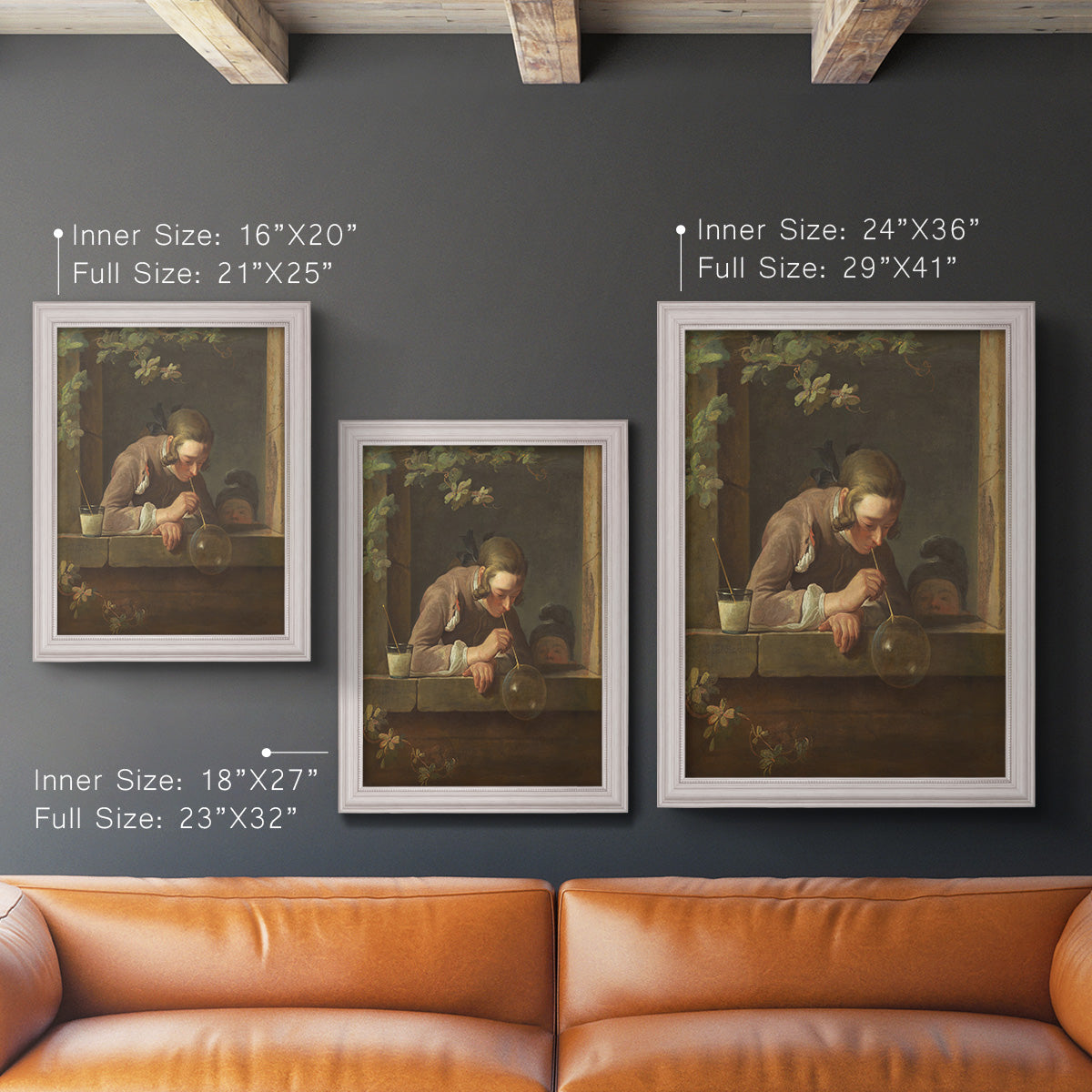 Classical genre painting of a child blowing soap bubbles by Jean-Siméon Chardin in an ornate weathered white frame shown in multiple vertical size options.