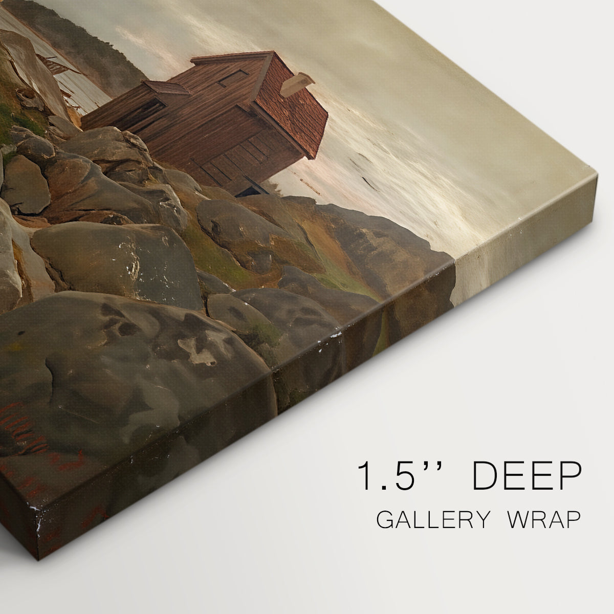 Canvas art print of a coastal home near shoreline with boats and surrounding landscape, highlighting texture and gallery-wrapped edges