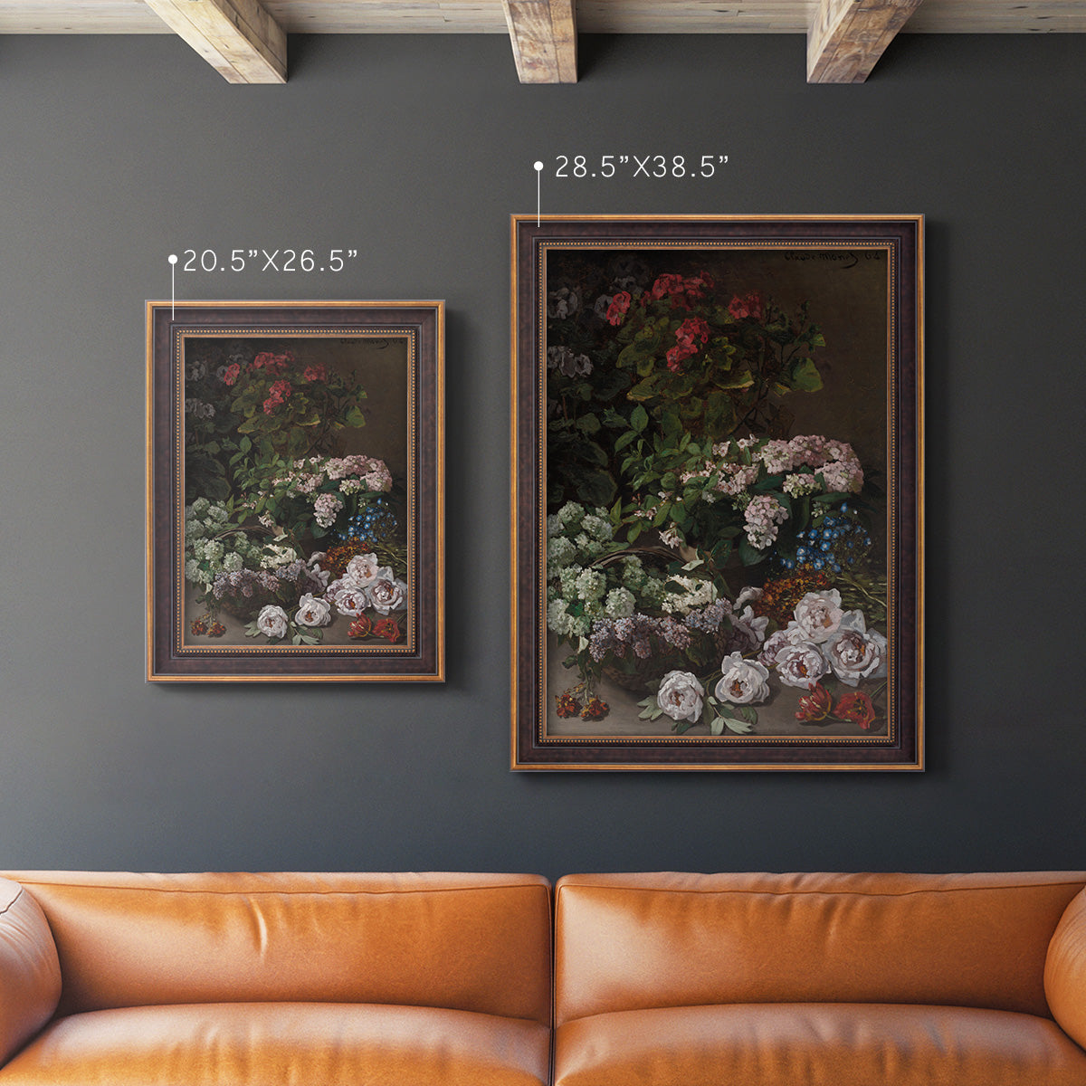 Early impressionist floral painting by Claude Monet in an ornate bronzed mahogany wood frame shown in multiple vertical size options.