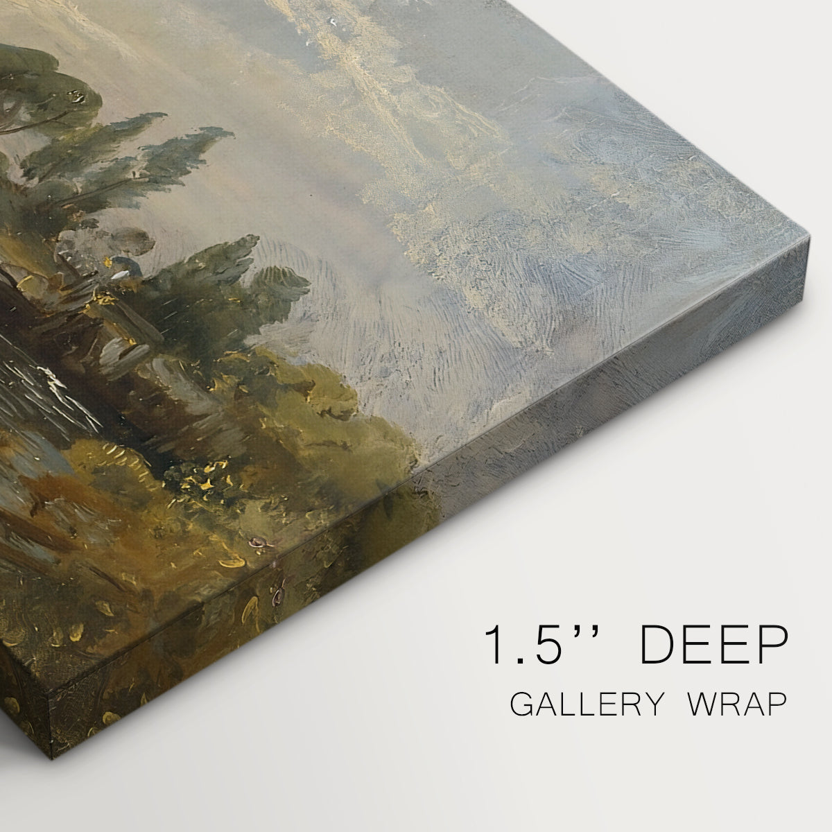 Canvas art print of a barge floating on river near lock with greenery, highlighting texture and gallery-wrapped edges