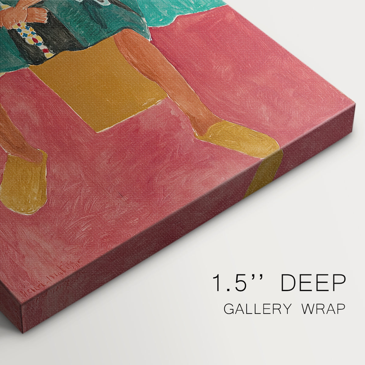 Close-up of a gallery-wrapped canvas corner showing a vibrant composition with a seated figure and textile detail, highlighting texture and print detail.