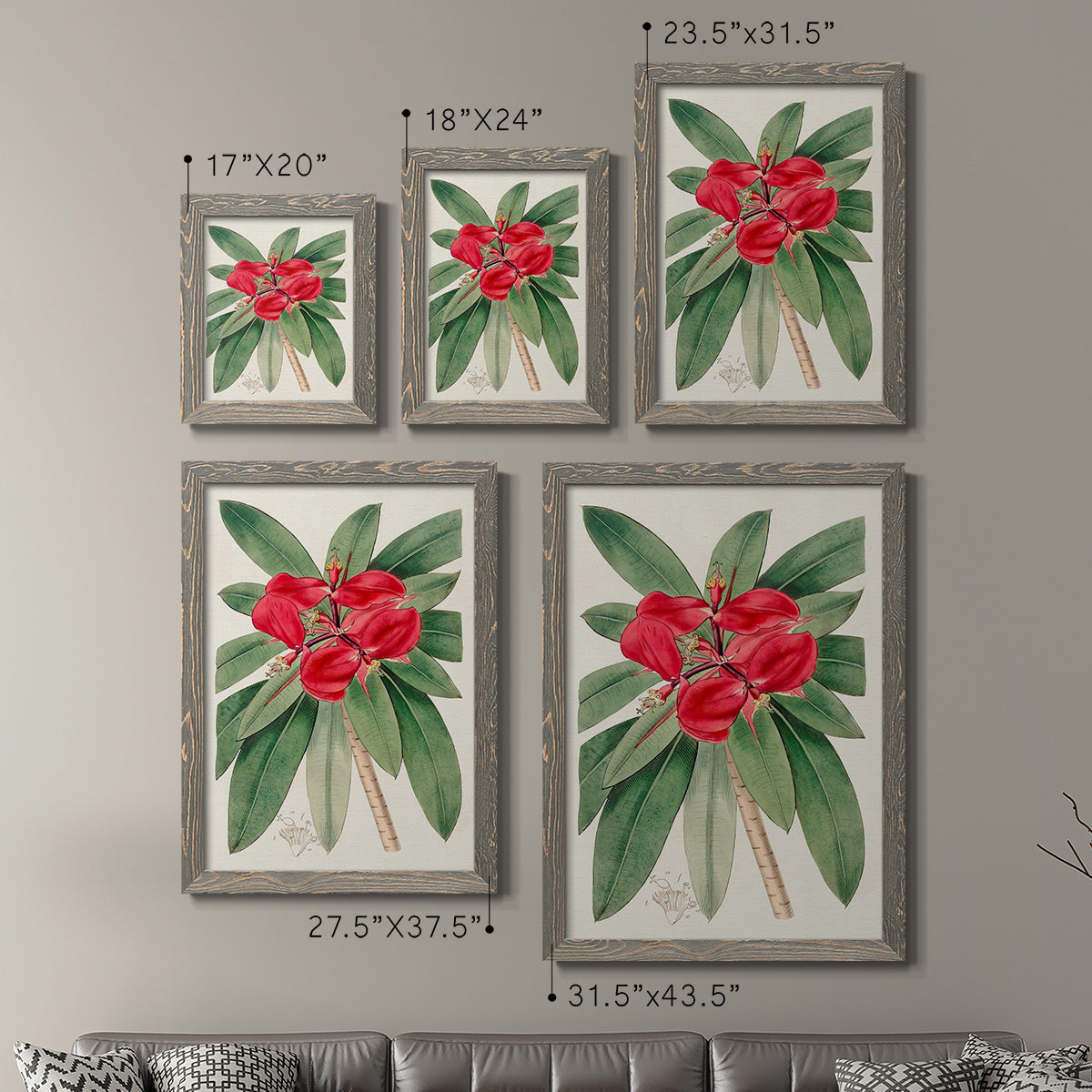 Size comparison chart for a set of two gray barnwood framed canvas prints.