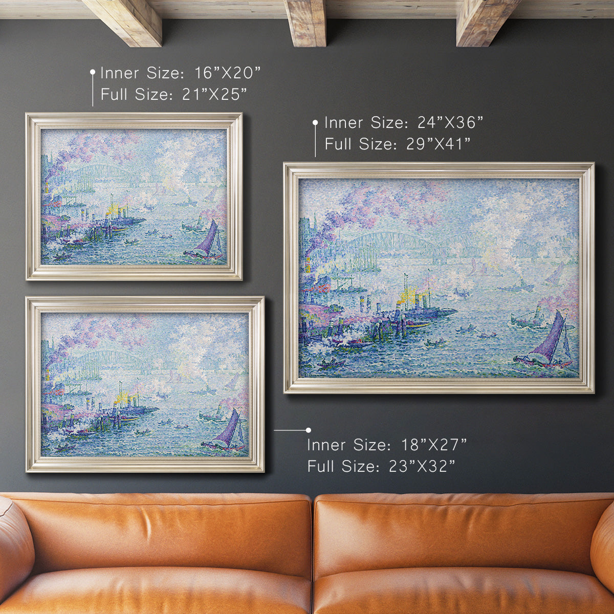 Impressionist industrial harbor scene by Paul Signac in an ornate champagne frame shown in multiple size options.