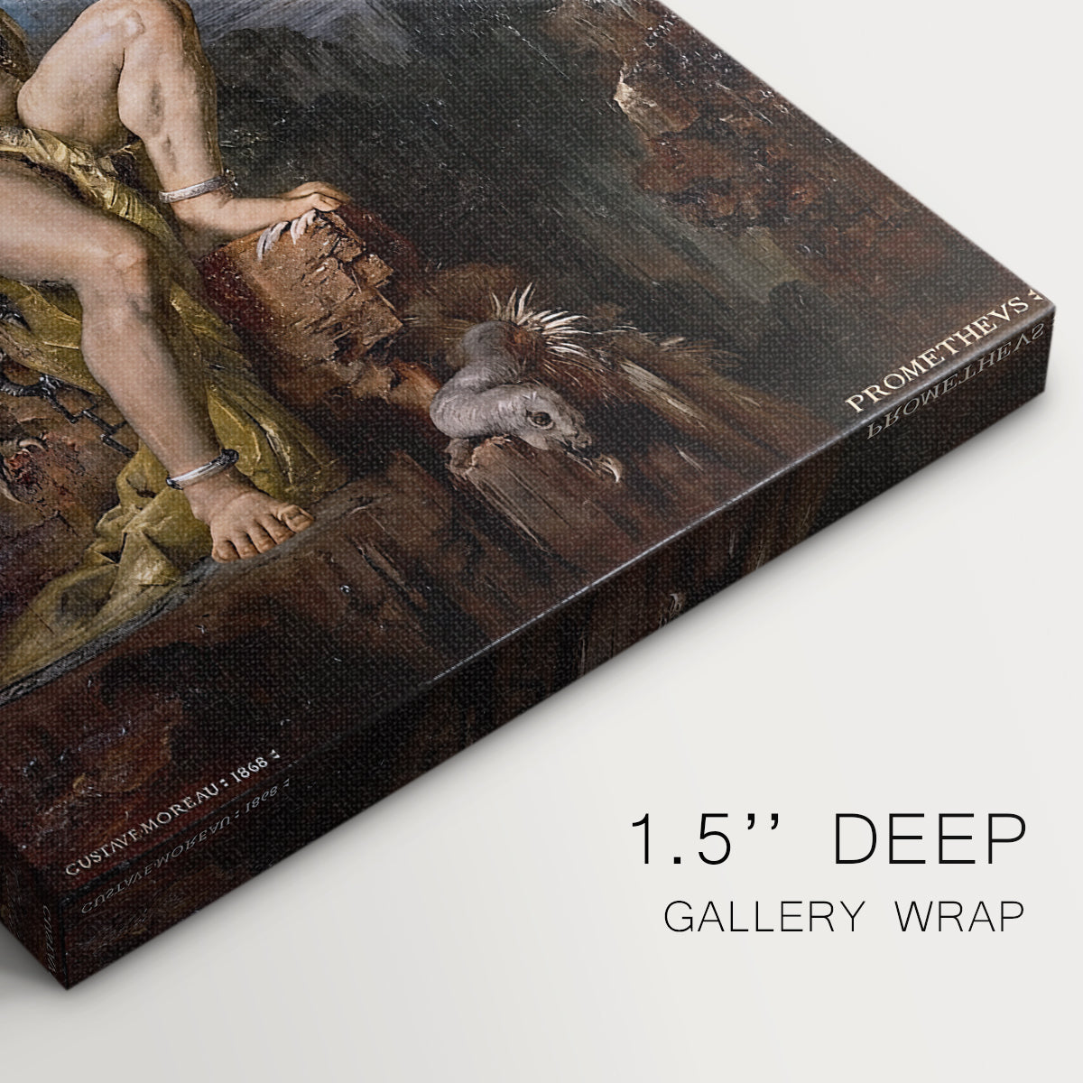 Close-up of a gallery-wrapped canvas corner showing a dramatic scene with tension and depth, highlighting texture and print detail.