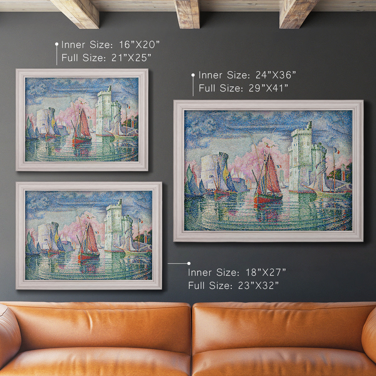 Impressionist harbor scene by Paul Signac in an ornate weathered white frame shown in multiple size options.