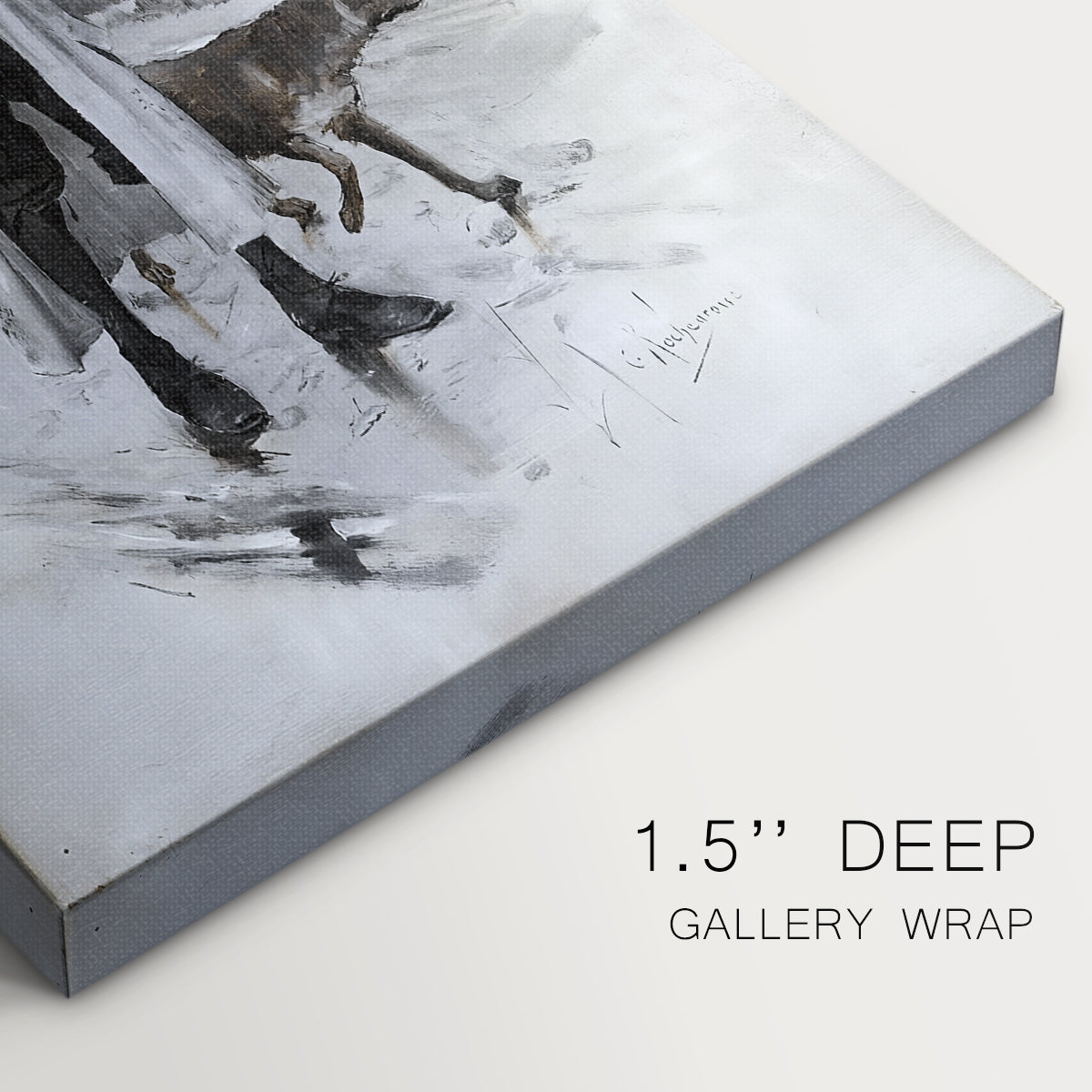 Close-up of a gallery-wrapped canvas corner showing a dramatic portrait with costume and expressive form, highlighting texture and print detail.