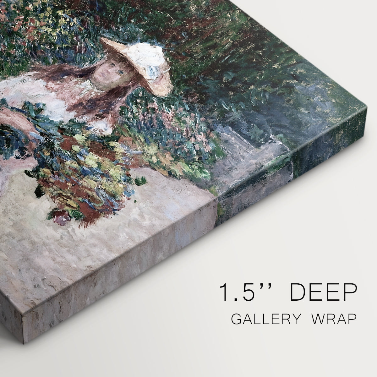 Canvas art print of a young girl seated in lush garden surrounded by blooming flowers, highlighting texture and gallery-wrapped edges