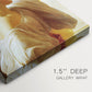 Close-up of a gallery-wrapped canvas corner showing a refined figure with natural elements and soft shading, highlighting texture and print detail.