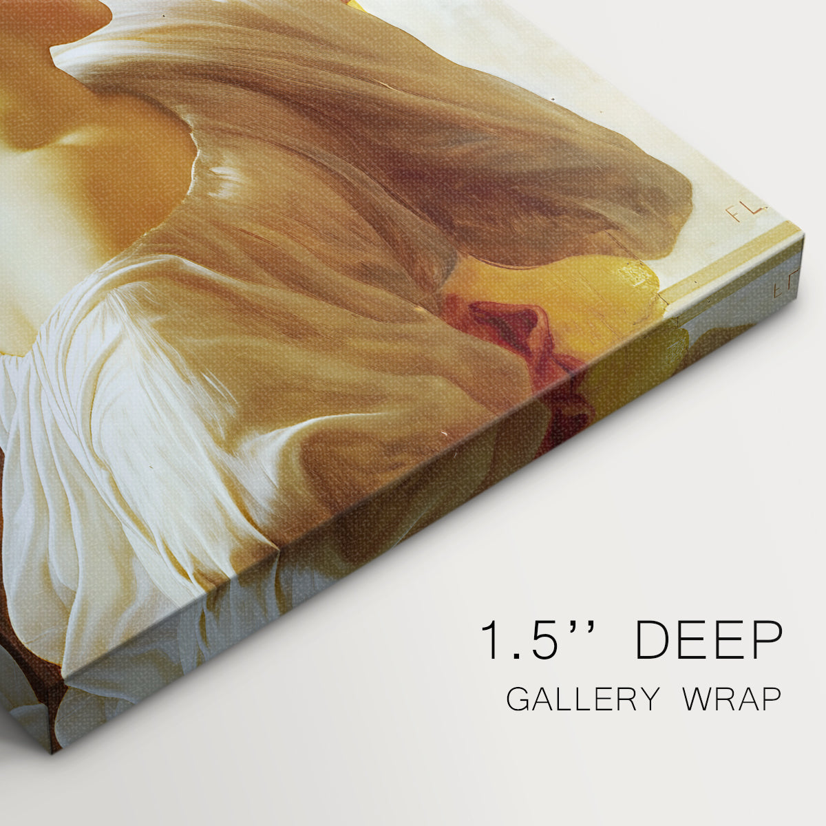 Close-up of a gallery-wrapped canvas corner showing a refined figure with natural elements and soft shading, highlighting texture and print detail.