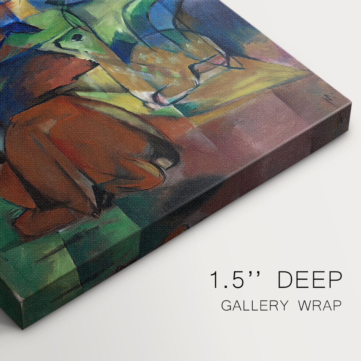 Close-up of a gallery-wrapped canvas corner showing a dynamic nature study with bold structure and color, highlighting texture and print detail.