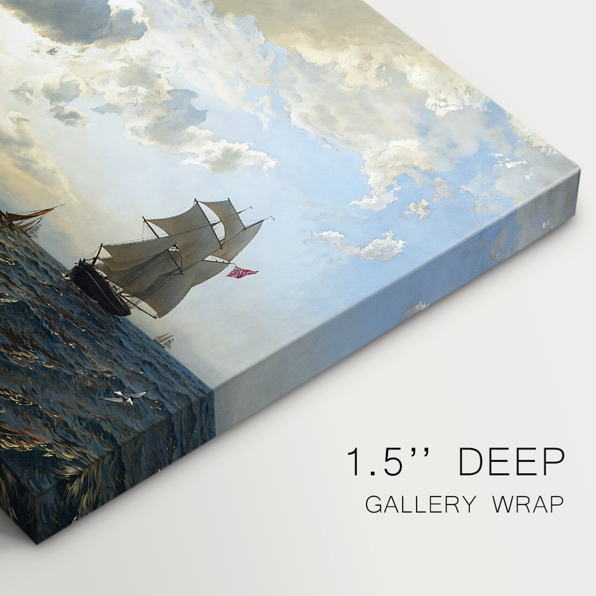 Canvas art print of a breezy coastal landscape with waves, boats, and open sky, highlighting texture and gallery-wrapped edges