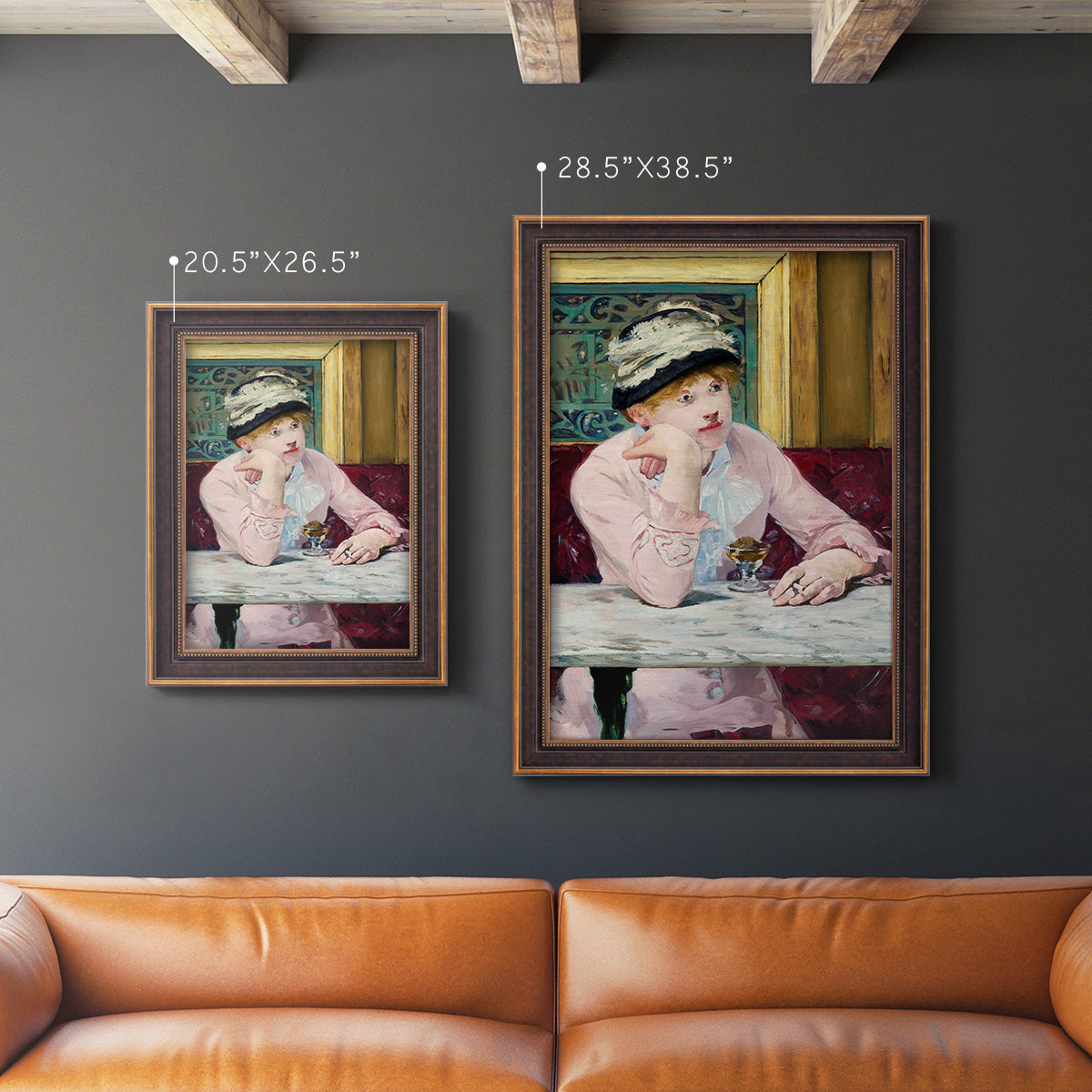 Impressionist portrait scene with plum brandy by Édouard Manet in an ornate bronzed mahogany wood frame shown in multiple vertical size options.