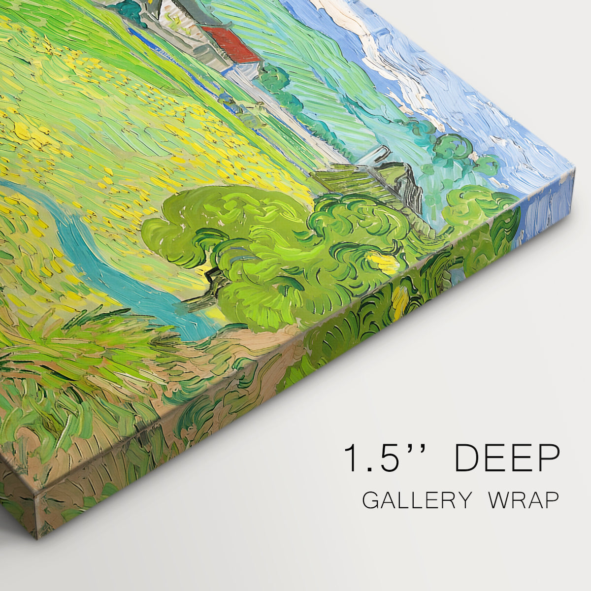 Canvas art print of a rolling hillside landscape with houses and fields under wide sky, highlighting texture and gallery-wrapped edges