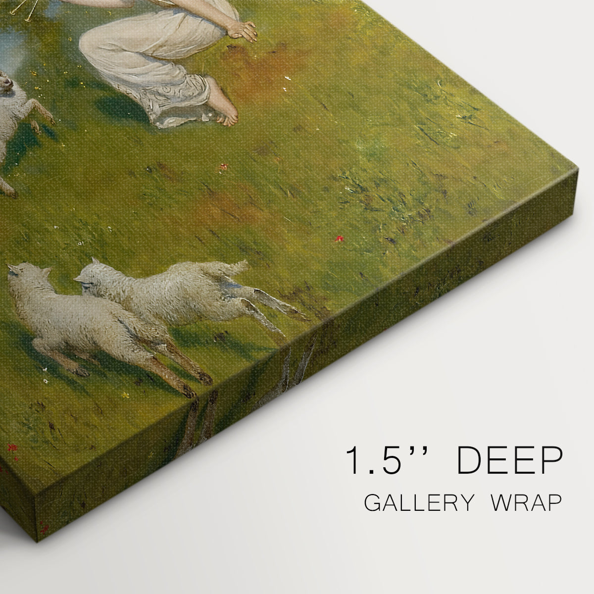 Close-up of a gallery-wrapped canvas corner showing a serene woodland composition with soft textures and depth, highlighting texture and print detail.