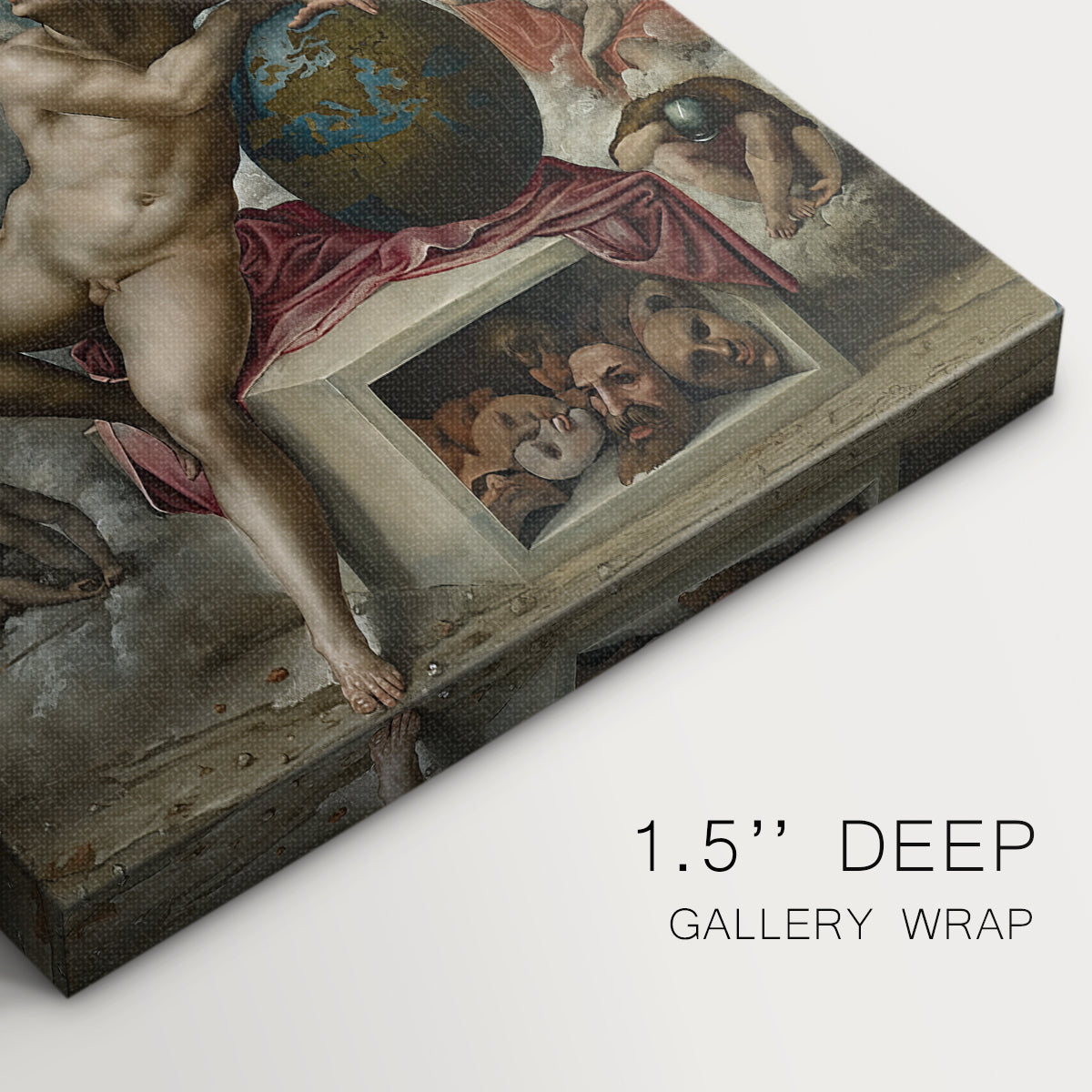 Close-up of a gallery-wrapped canvas corner showing a dramatic scene with layered figures and depth, highlighting texture and print detail.