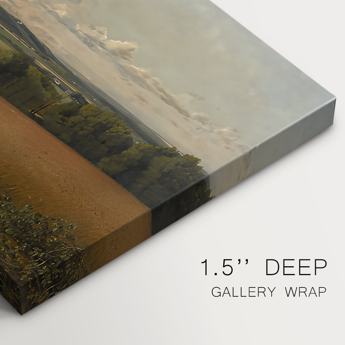 Canvas art print of an open field with path through crops under wide sky, highlighting texture and gallery-wrapped edges