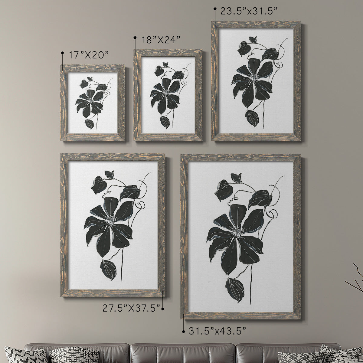 Size comparison chart for a set of two gray barnwood framed canvas prints.