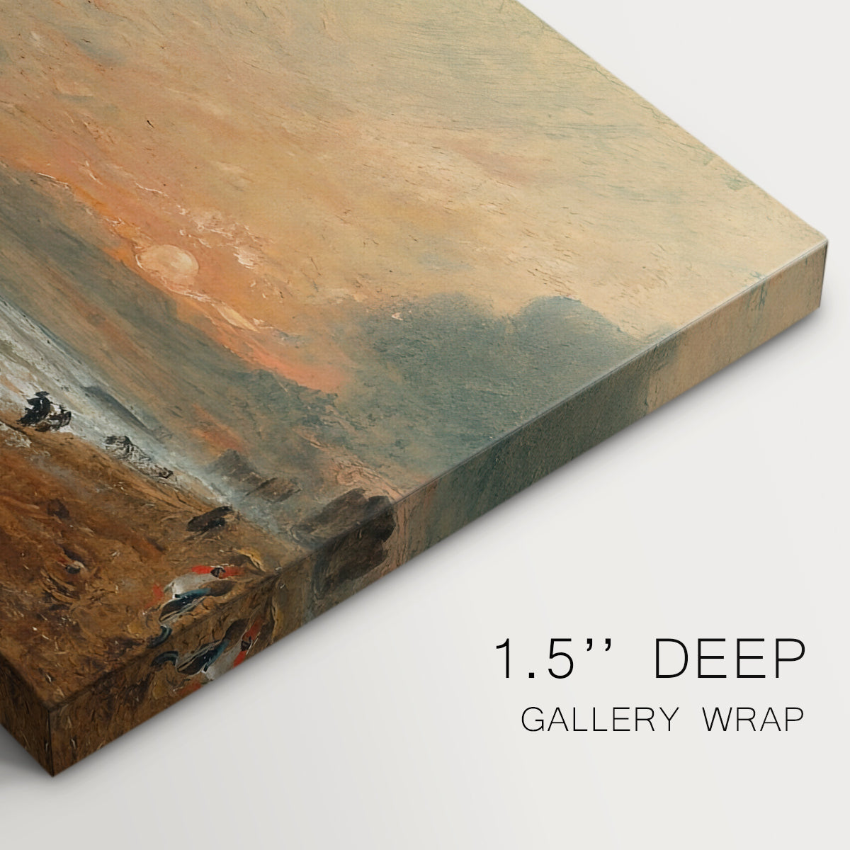 Canvas art print of a coastal shoreline with waves and open sky along beach, highlighting texture and gallery-wrapped edges