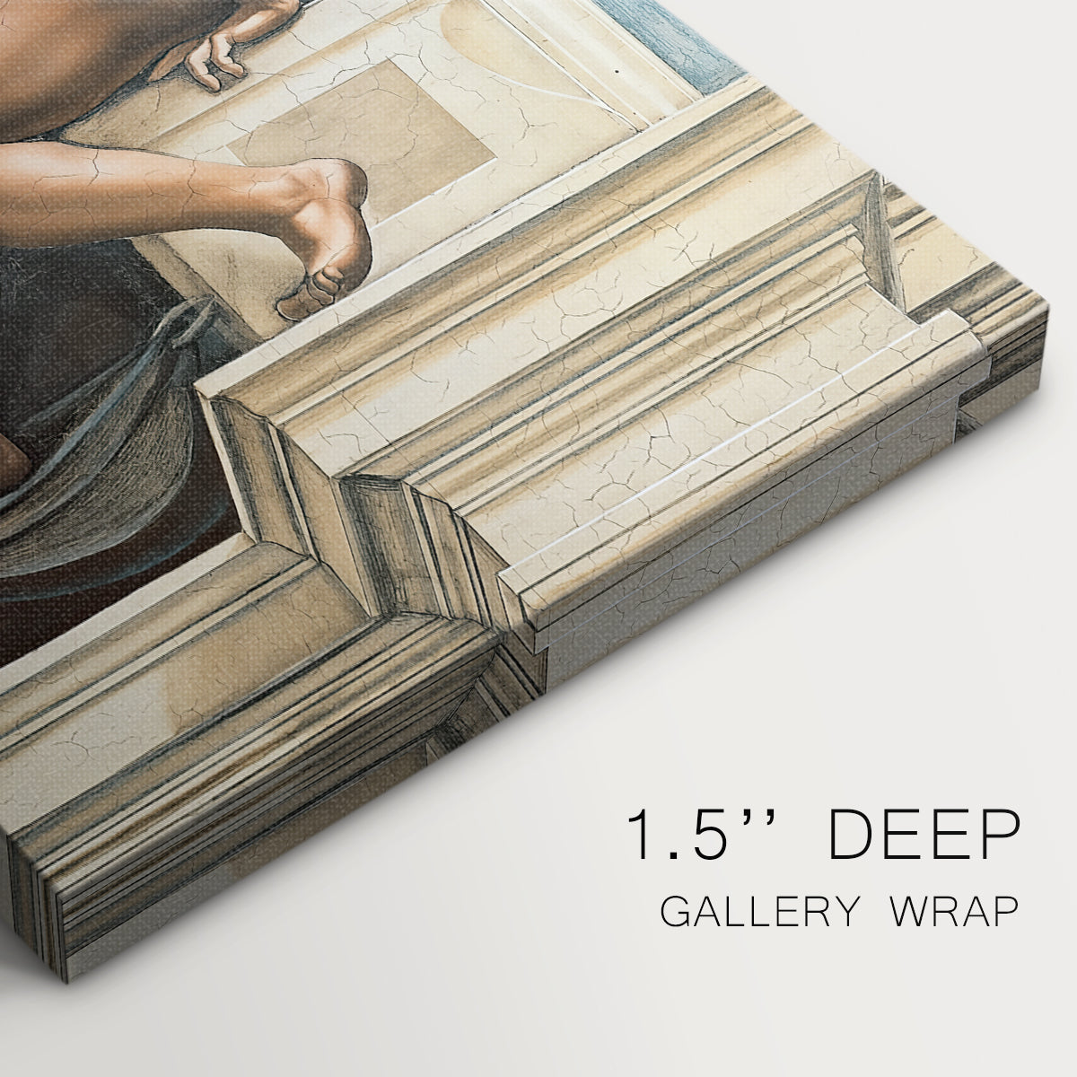 Close-up of a gallery-wrapped canvas corner showing a sculptural figure with balanced proportions, highlighting texture and print detail.