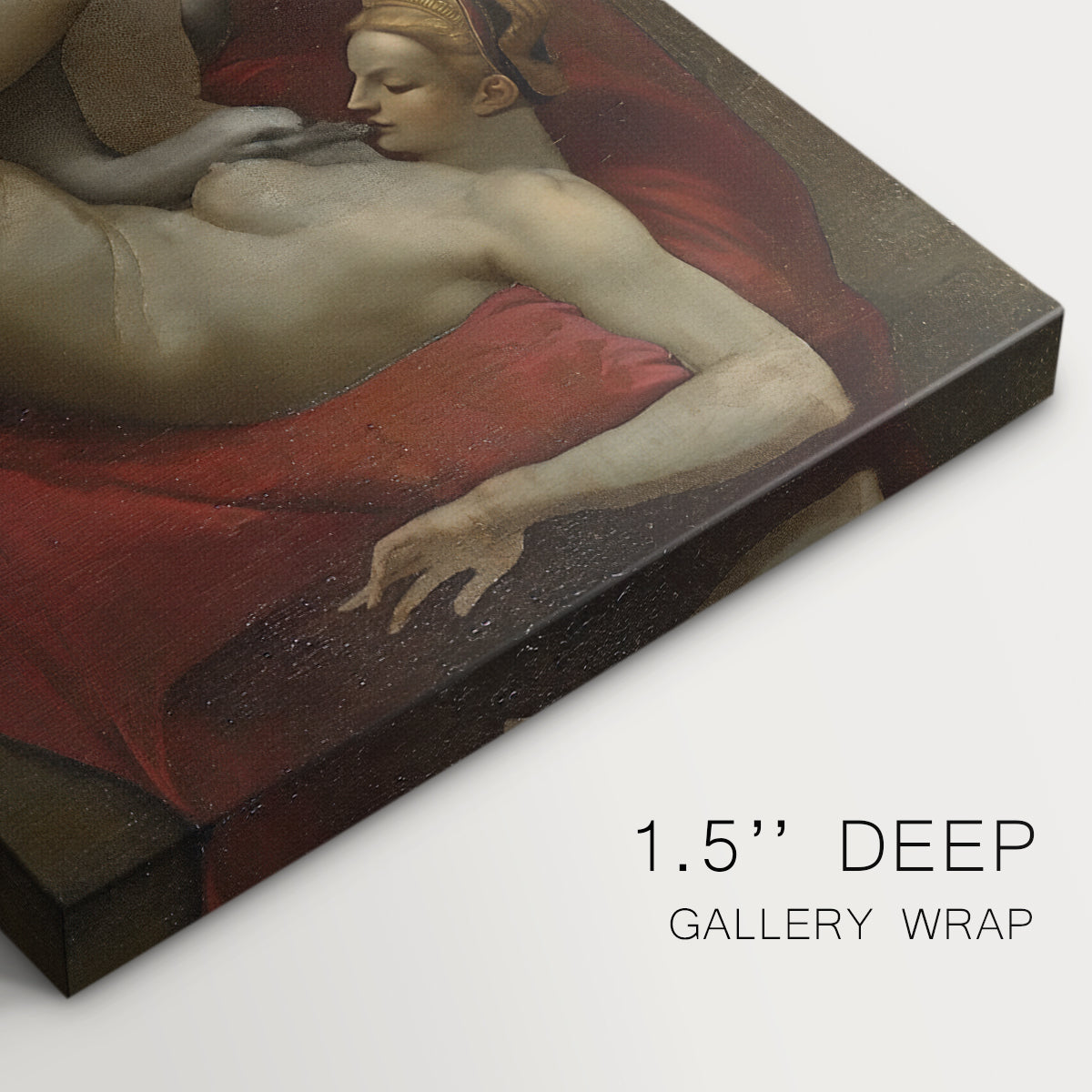 Canvas art print of a reclining female figure interacting with swan in mythological setting, highlighting texture and gallery-wrapped edges