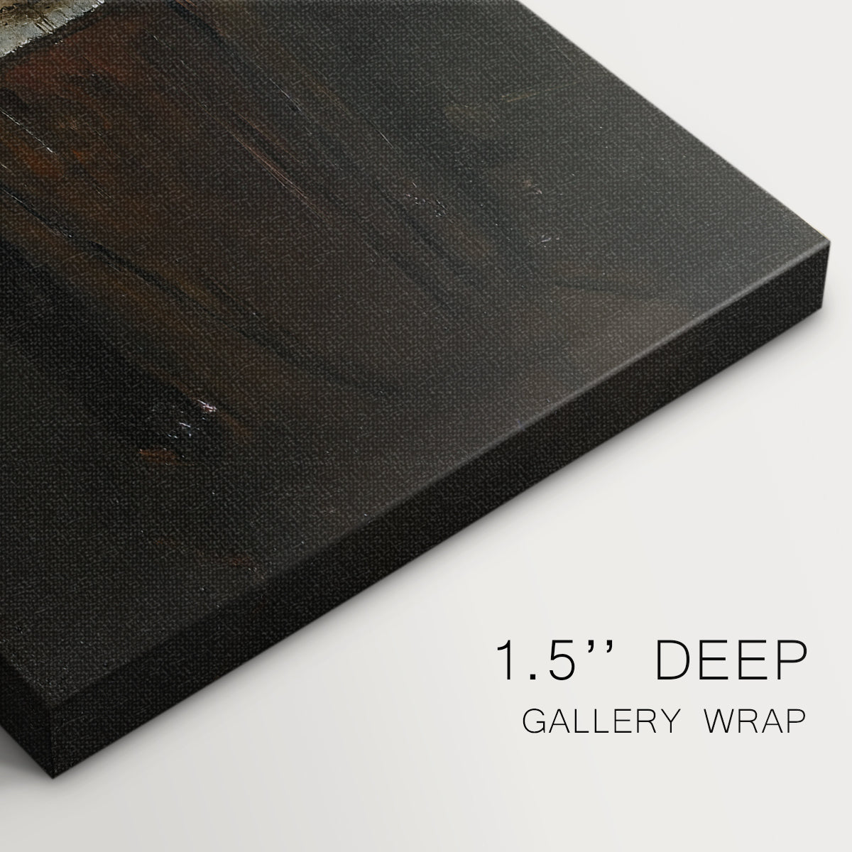 Close-up of a gallery-wrapped canvas corner showing a composed image with soft contrast and warmth, highlighting texture and print detail.