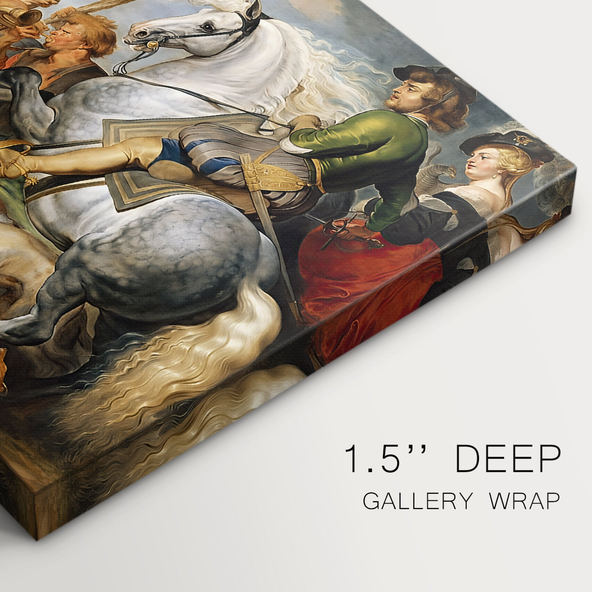 Canvas art print of a chaotic hunting scene with riders, dogs, and animals, highlighting texture and gallery-wrapped edges