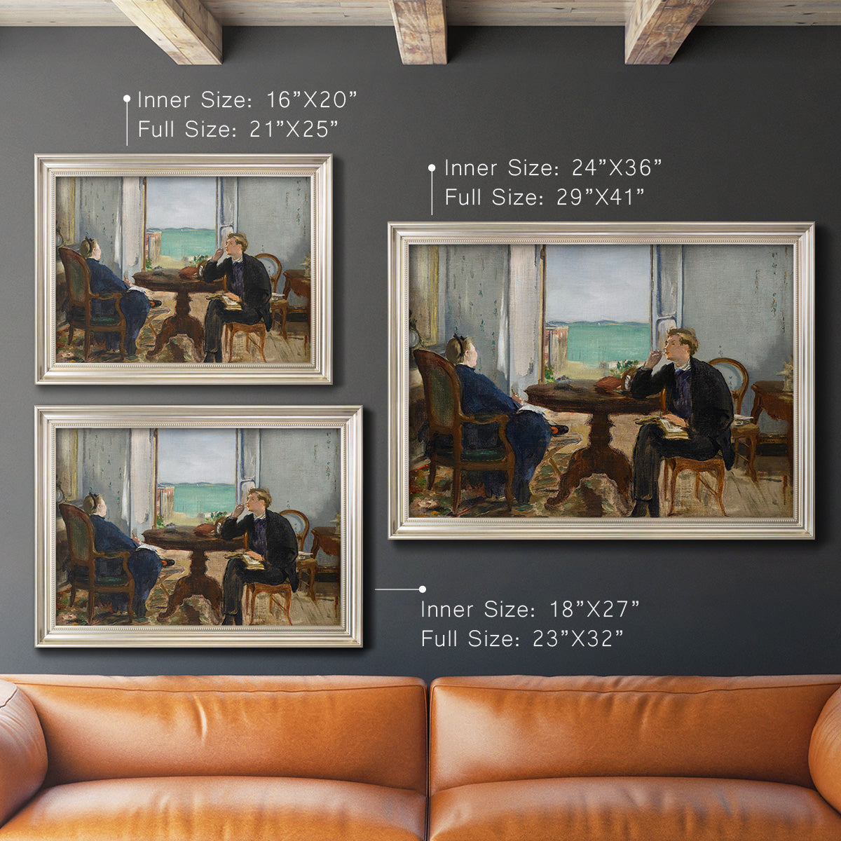 Impressionist interior scene by Édouard Manet in an ornate champagne frame shown in multiple size options.