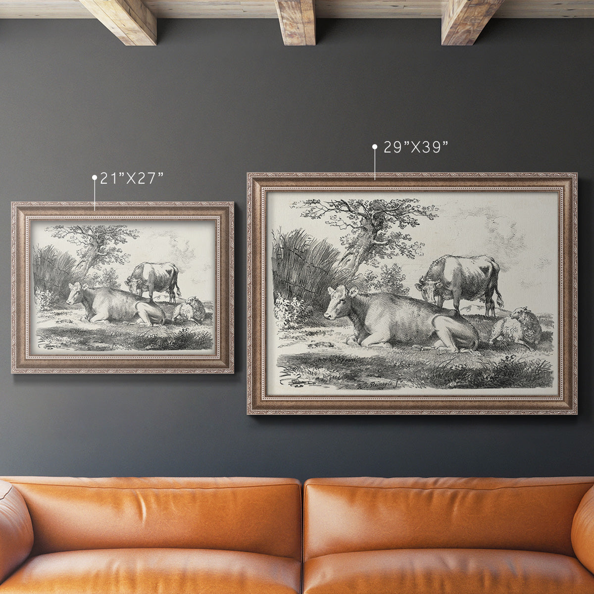 Classical pastoral landscape artwork by Nicolas Berchem in an ornate traditional silver frame shown in multiple size options.