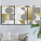 Three-panel canvas wall art featuring geometric gold abstract reflections, displayed in a living room above a sofa.