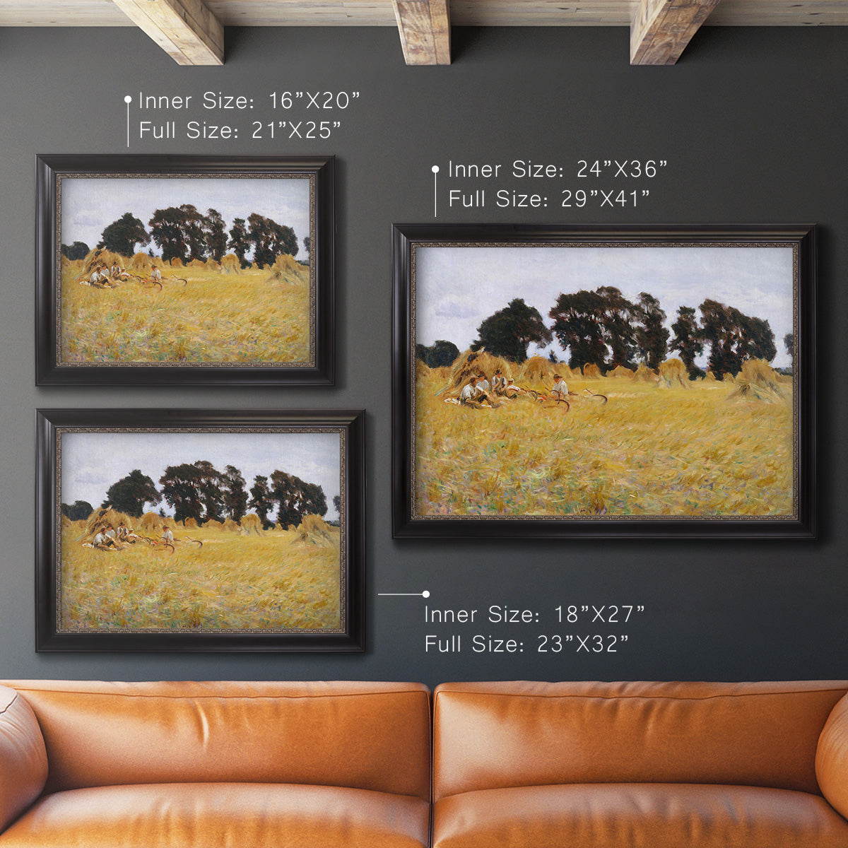 Impressionist rural harvest scene by John Singer Sargent in an ornate black frame with gilded inner detail shown in multiple size options.