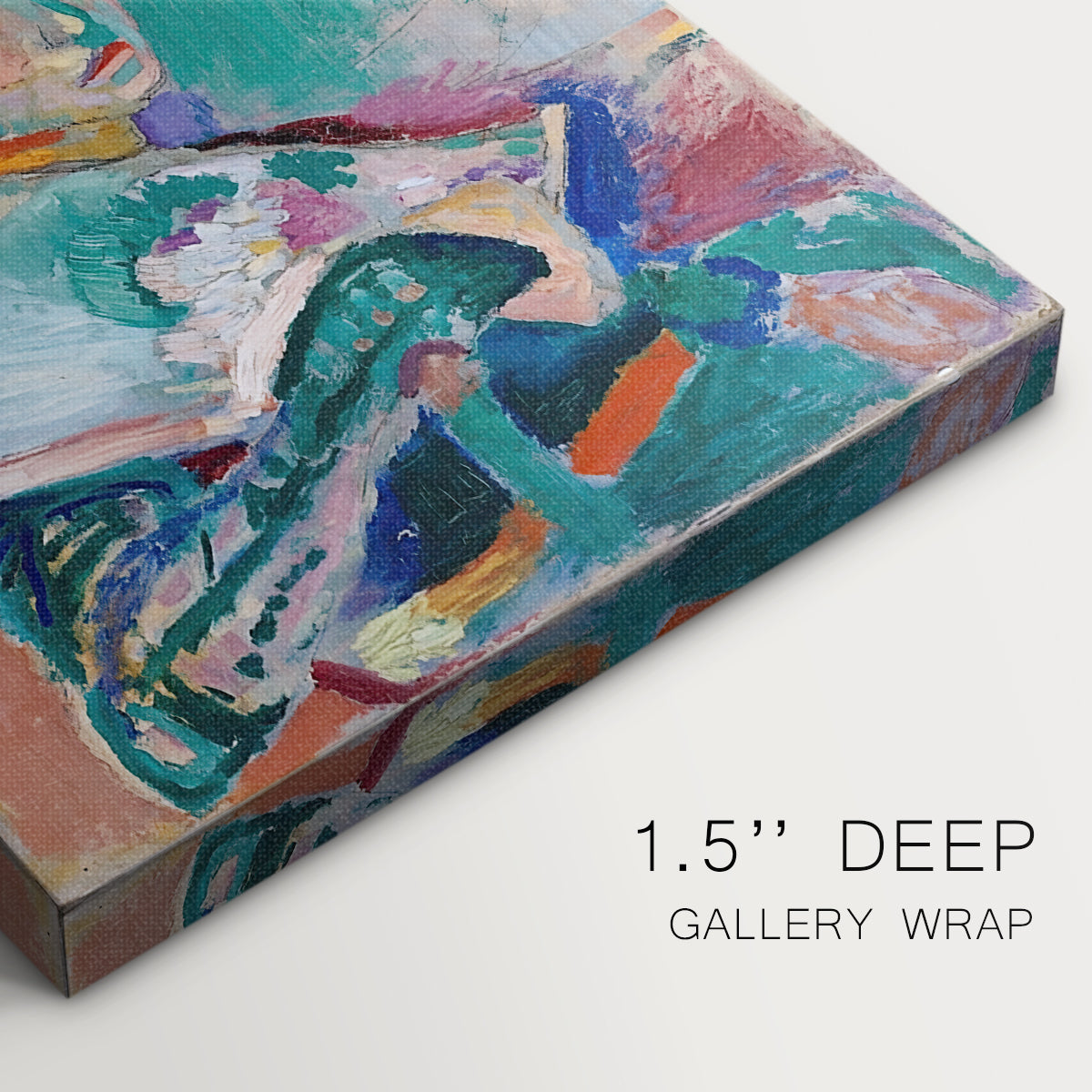 Close-up of a gallery-wrapped canvas corner showing a vivid composition with strong color layering, highlighting texture and print detail.