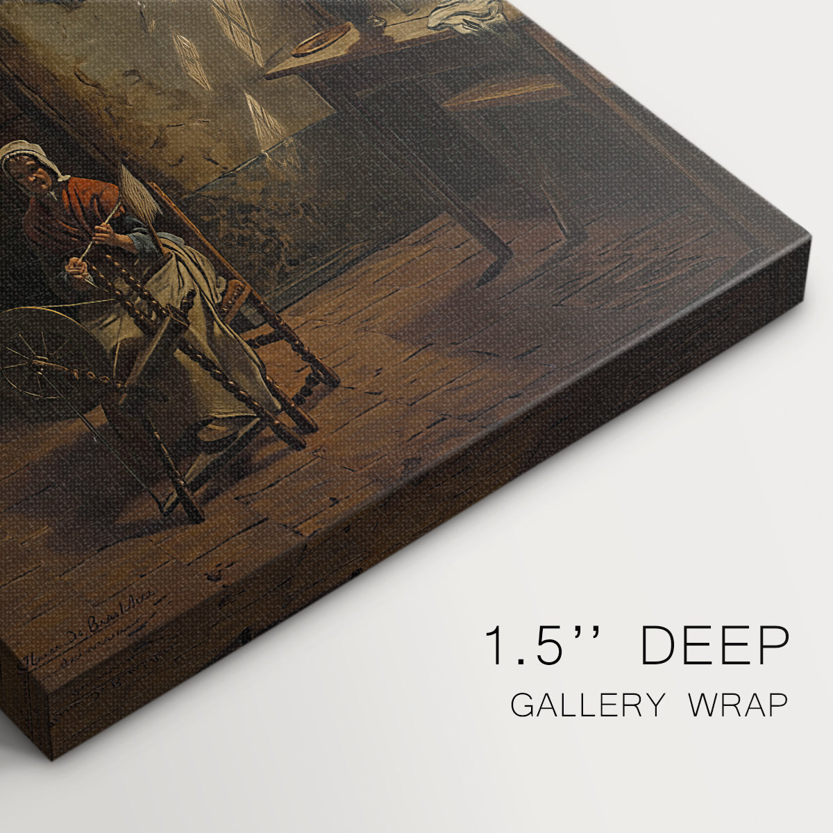 Close-up of a gallery-wrapped canvas corner showing a traditional scene with detailed interior elements, highlighting texture and print detail.