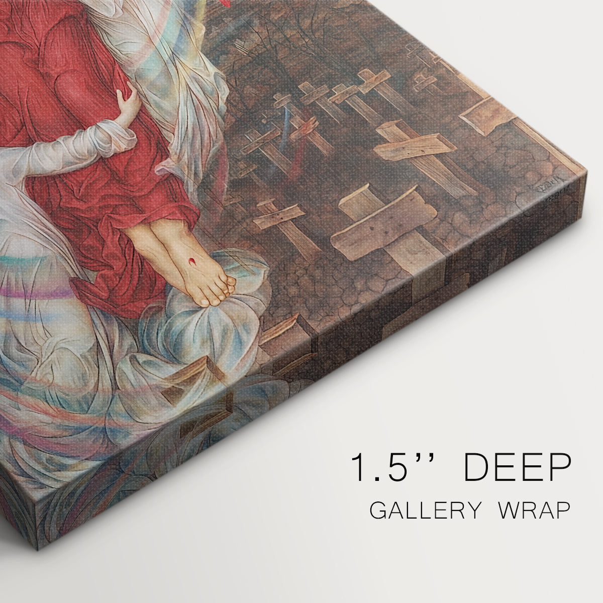 Close-up of a gallery-wrapped canvas corner showing a vivid scene with symbolic meaning and strong presence, highlighting texture and print detail.