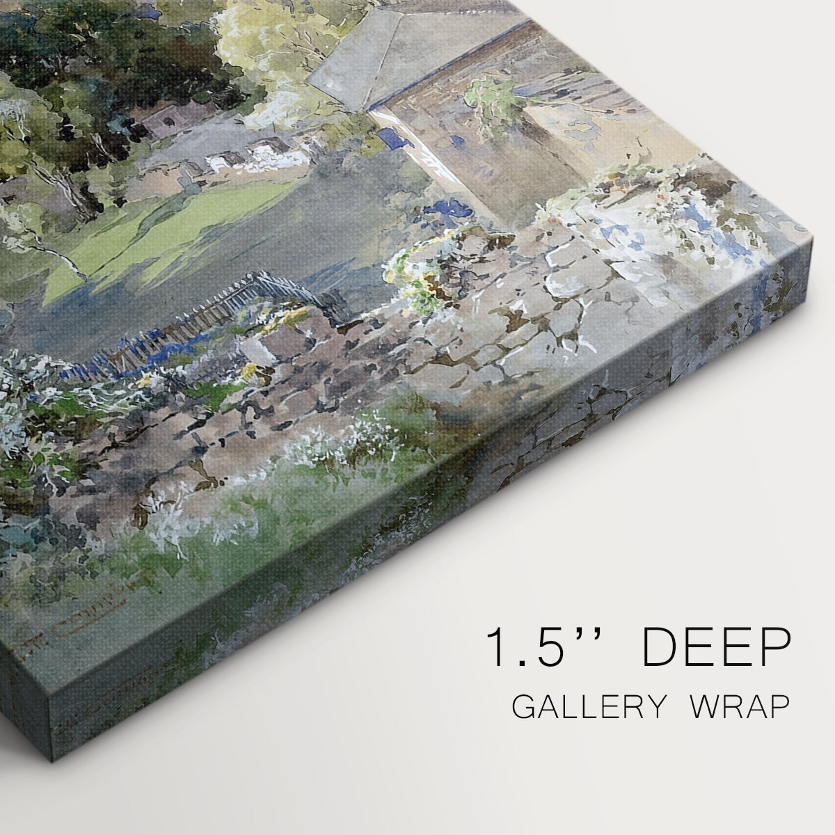 Close-up of a gallery-wrapped canvas corner showing a panoramic view with buildings nestled beneath a castle, highlighting texture and print detail.