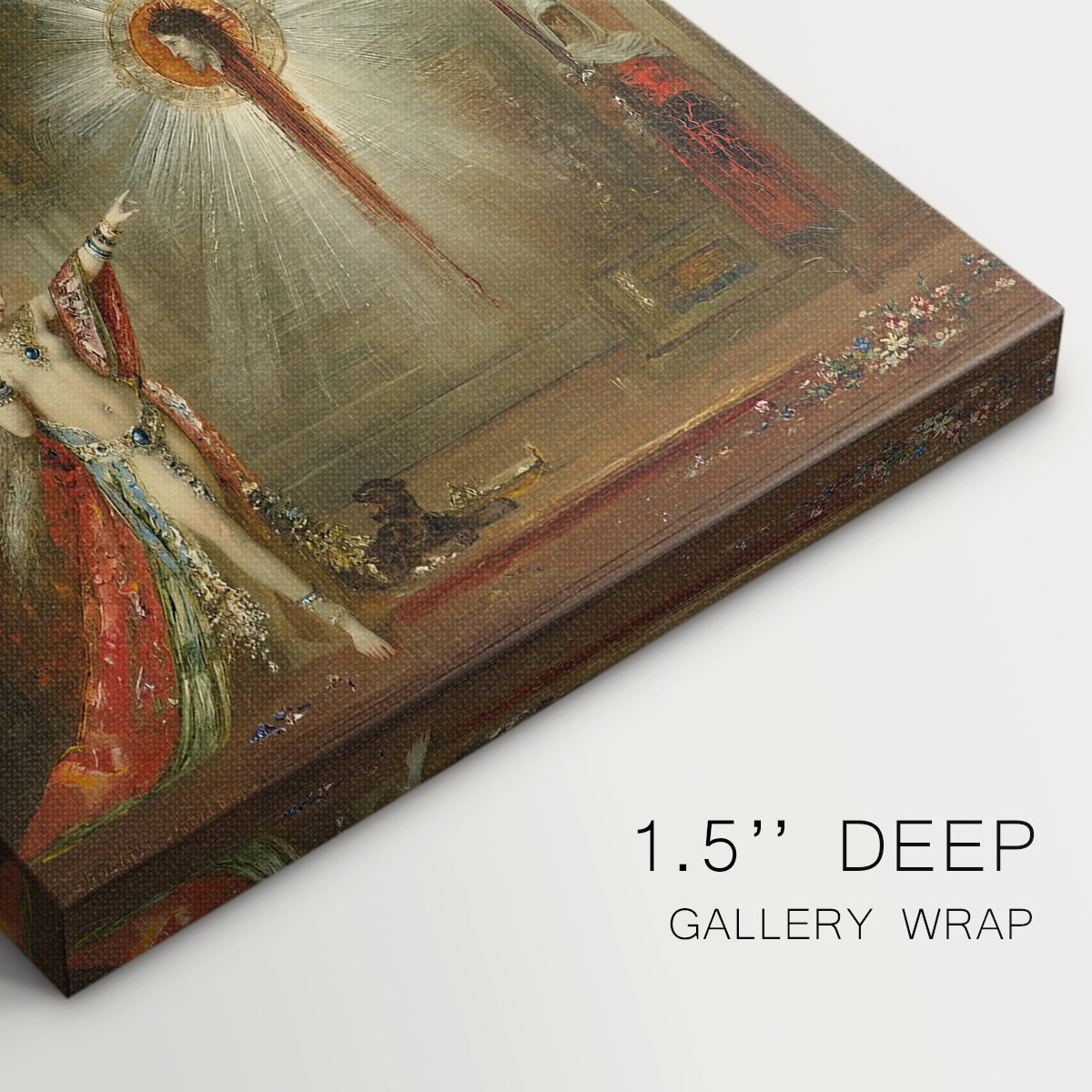 Close-up of a gallery-wrapped canvas corner showing a rich scene with ornate detail and symbolic presence, highlighting texture and print detail.