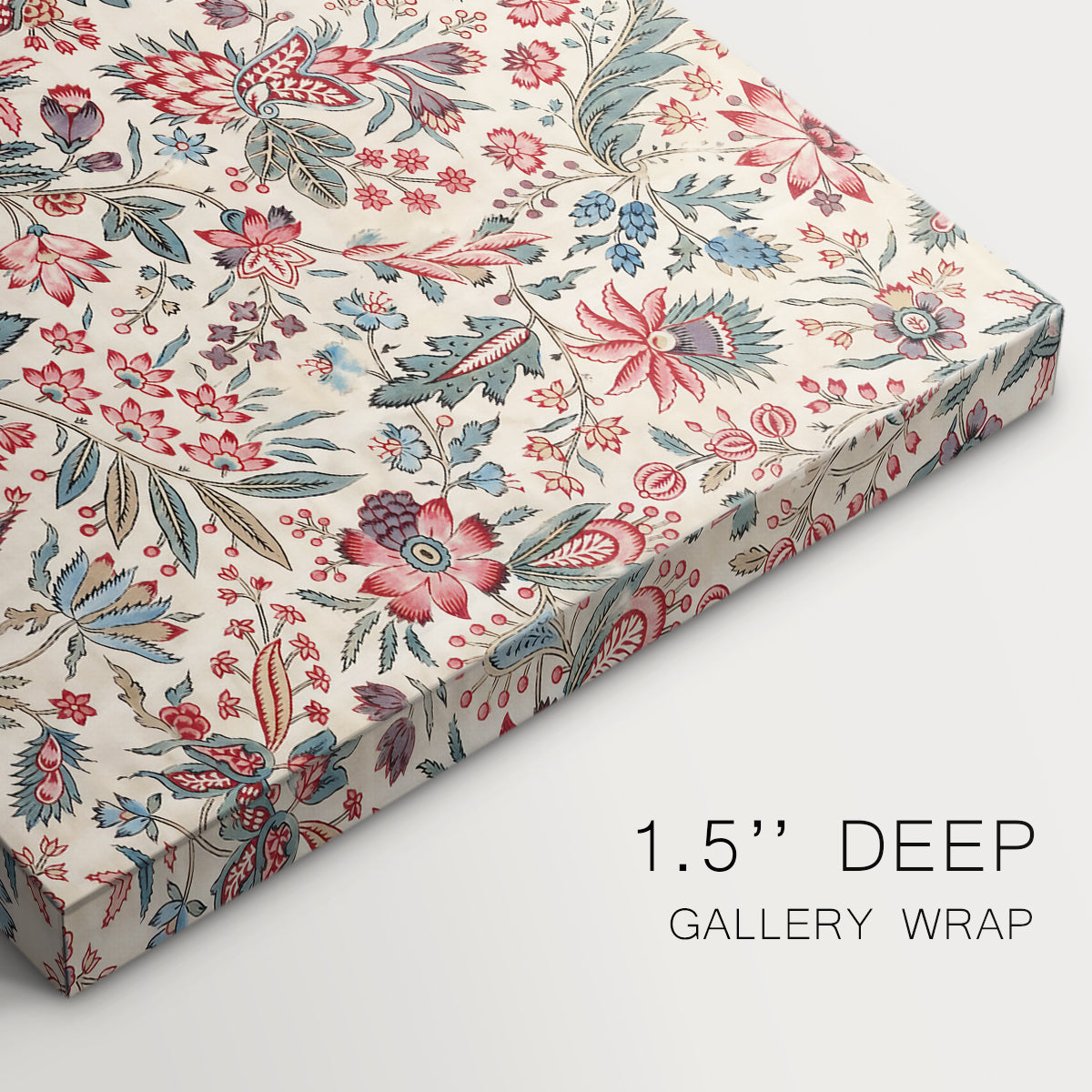 Canvas art print of a repeating floral and botanical pattern with intricate detailing on cream background, highlighting texture and gallery-wrapped edges