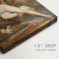 Close-up of a gallery-wrapped canvas corner showing a refined depiction of a figure at rest outdoors, highlighting texture and print detail.