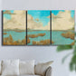 Three-panel canvas wall art featuring abstract pond scene with reflections, displayed in a living room above a sofa.