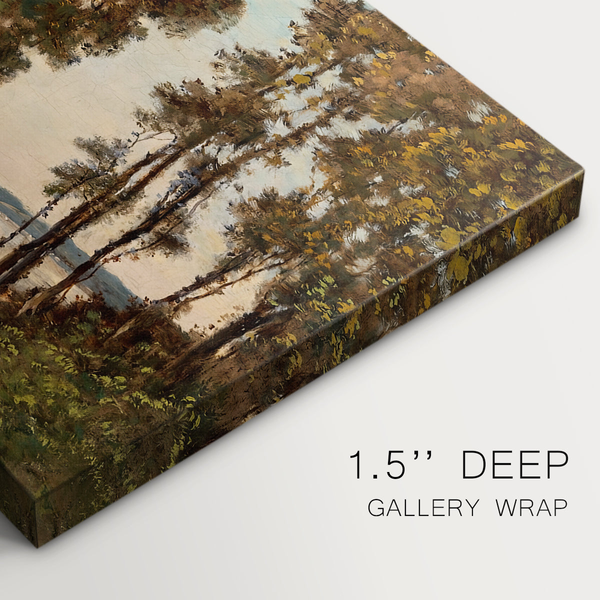 Canvas art print of a riverbank lined with trees and vegetation beside calm flowing water, highlighting texture and gallery-wrapped edges