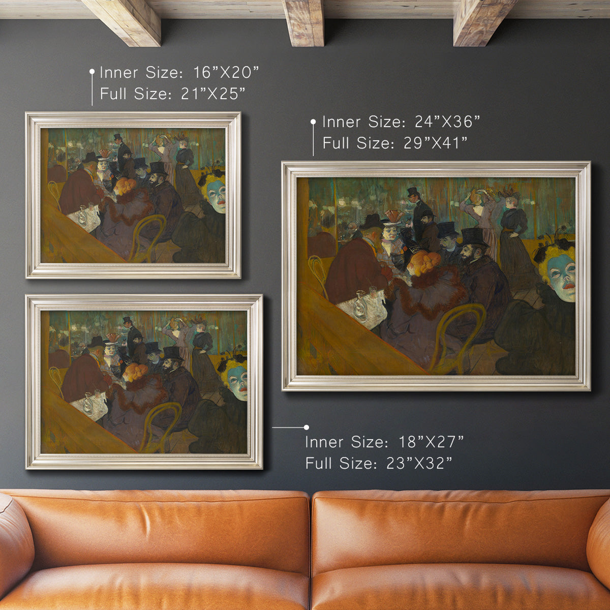 Impressionist cabaret interior scene by Henri de Toulouse-Lautrec in an ornate champagne frame displayed in a neutral-toned interior setting.