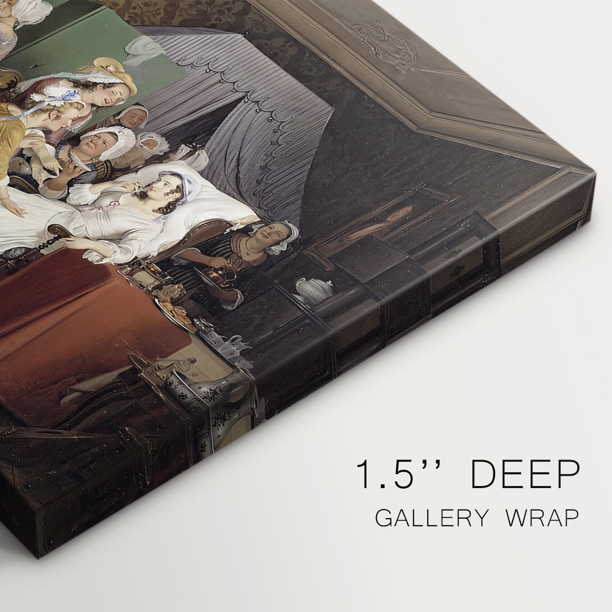 Canvas art print of women gathered around mother and newborn in domestic interior, highlighting texture and gallery-wrapped edges