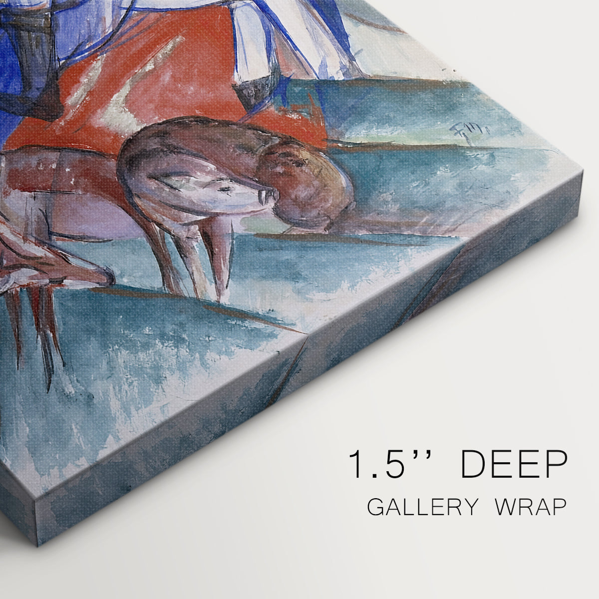 Close-up of a gallery-wrapped canvas corner showing a dynamic image with layered color and sharp lines, highlighting texture and print detail.