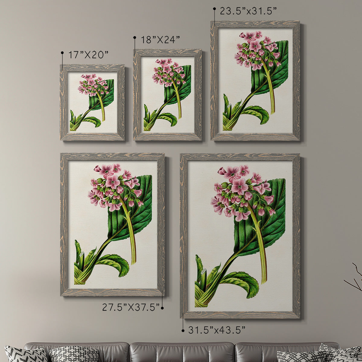 Size comparison chart for a set of two gray barnwood framed canvas prints.