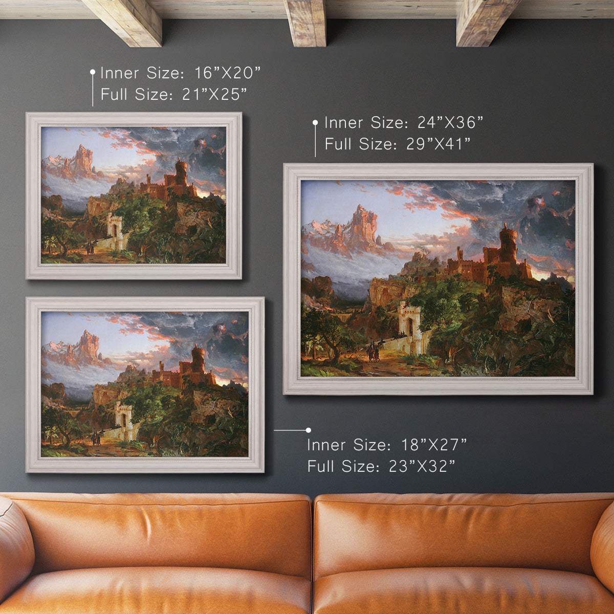 Romantic allegorical landscape painting by Jasper Francis Cropsey in an ornate weathered white frame shown in multiple size options.